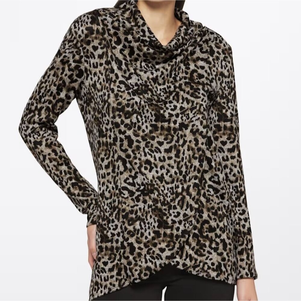 FORTUNE + IVY Parker Leopard Print Cross Front Cowl Knit Top XXL Soft Stretch
